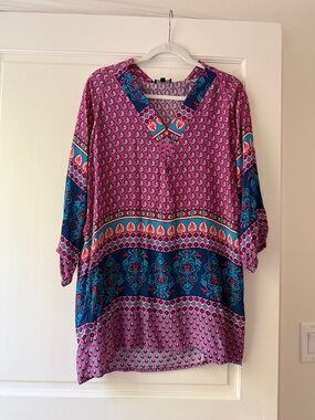 Tolani Pink and Teal Boho V-Neck Tunic